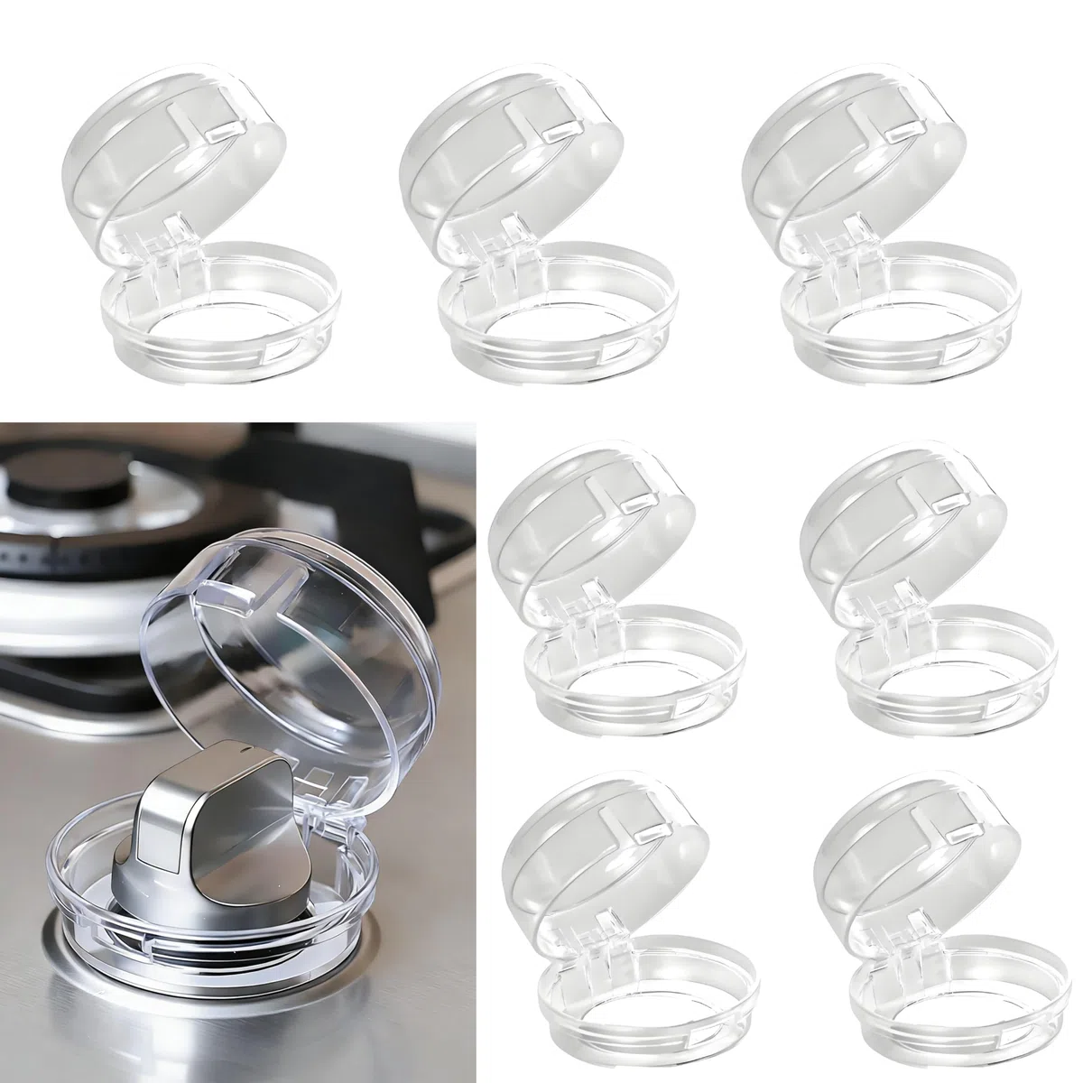 6 Stück Herdknopf Kindersicherung für große max. Ø 4,2cm und 4 cm Hohe Herdknöpfe, Transparente Gasherd Knopfabdeckungen mit Klebstoff für Herd, Backofen Bedienfeld