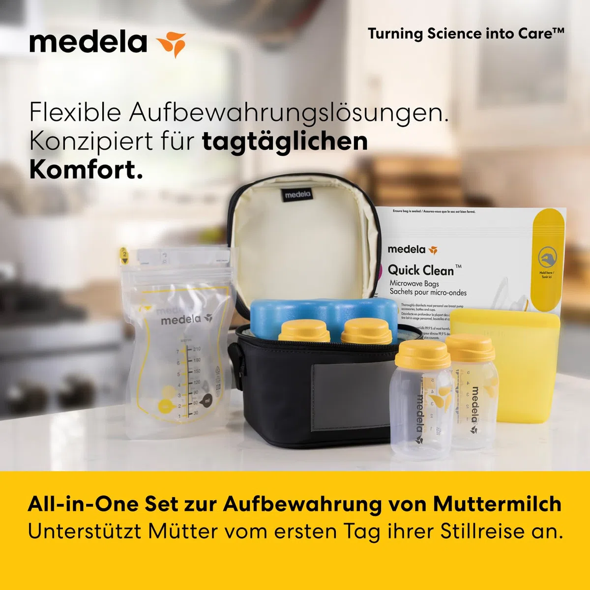 Medela All-in-One Set zur Aufbewahrung von Muttermilch mit 150ml-Flaschen, Easy Pour & wiederverwendbaren Muttermilchbeuteln, Quick Clean Mikrowellenbeuteln & Kühltasche mit passend geformtem Kühlakku