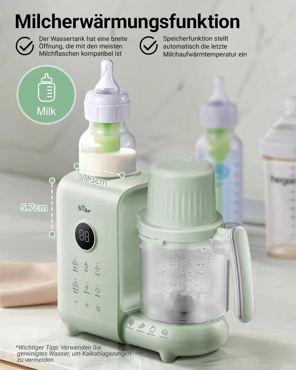 Bear 6-in-1 Dampfgarer mit Mixer Premium Babynahrungszubereiter,Dämpfen, automatisches Rühren, Milcherwärmung, Desinfektion, Selbstreinigungsfunktion, Automatische Reinigungsfunktion, BPA-frei (Grün)