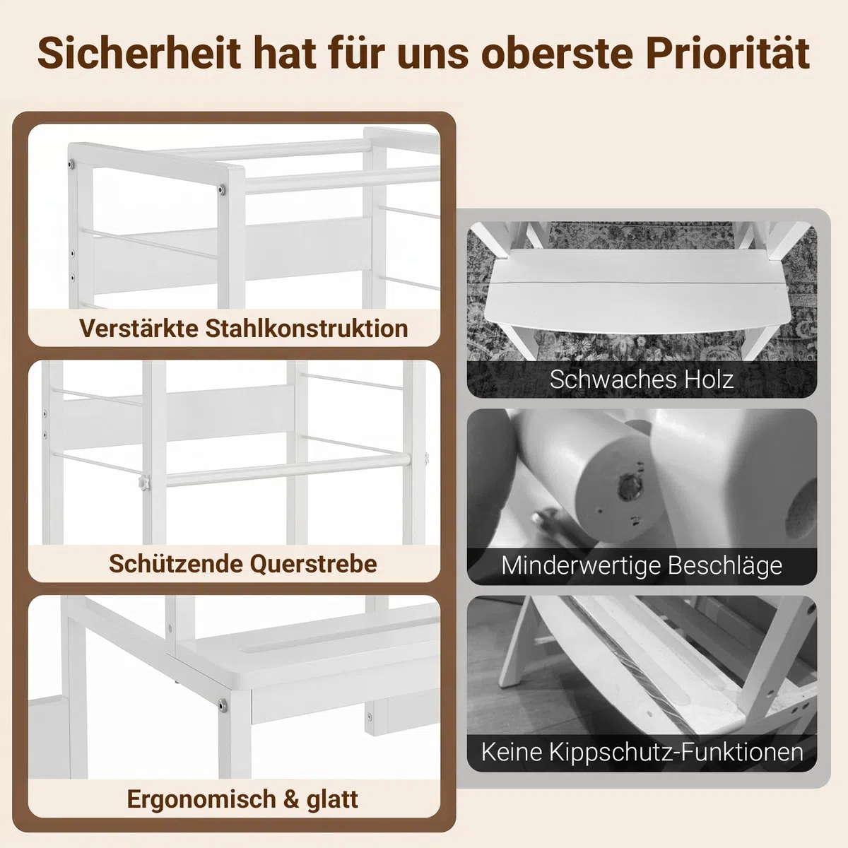 COSYLAND Lernturm Montessori Learning Tower Holz Stabil, Reinweiß | Stabiler Toddler Tower mit 4 Stützfüßen & Rutschschutz. 3-fach höhenverstellbar für Kinder ab 2 Jahren in Küche.