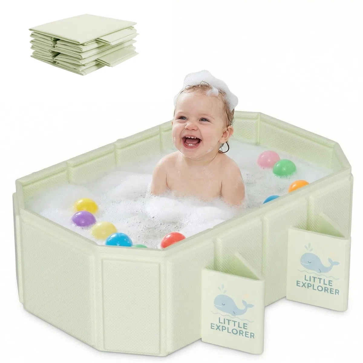 Faltbare Babybadewanne für Babys & Kleinkinder von 0–6 Jahren, Klappbare Kinderbadewanne für Bad & Dusche, Mit 4 Stabilen Standfüßen und Ablauf, Platzsparend & Leicht (Grün)