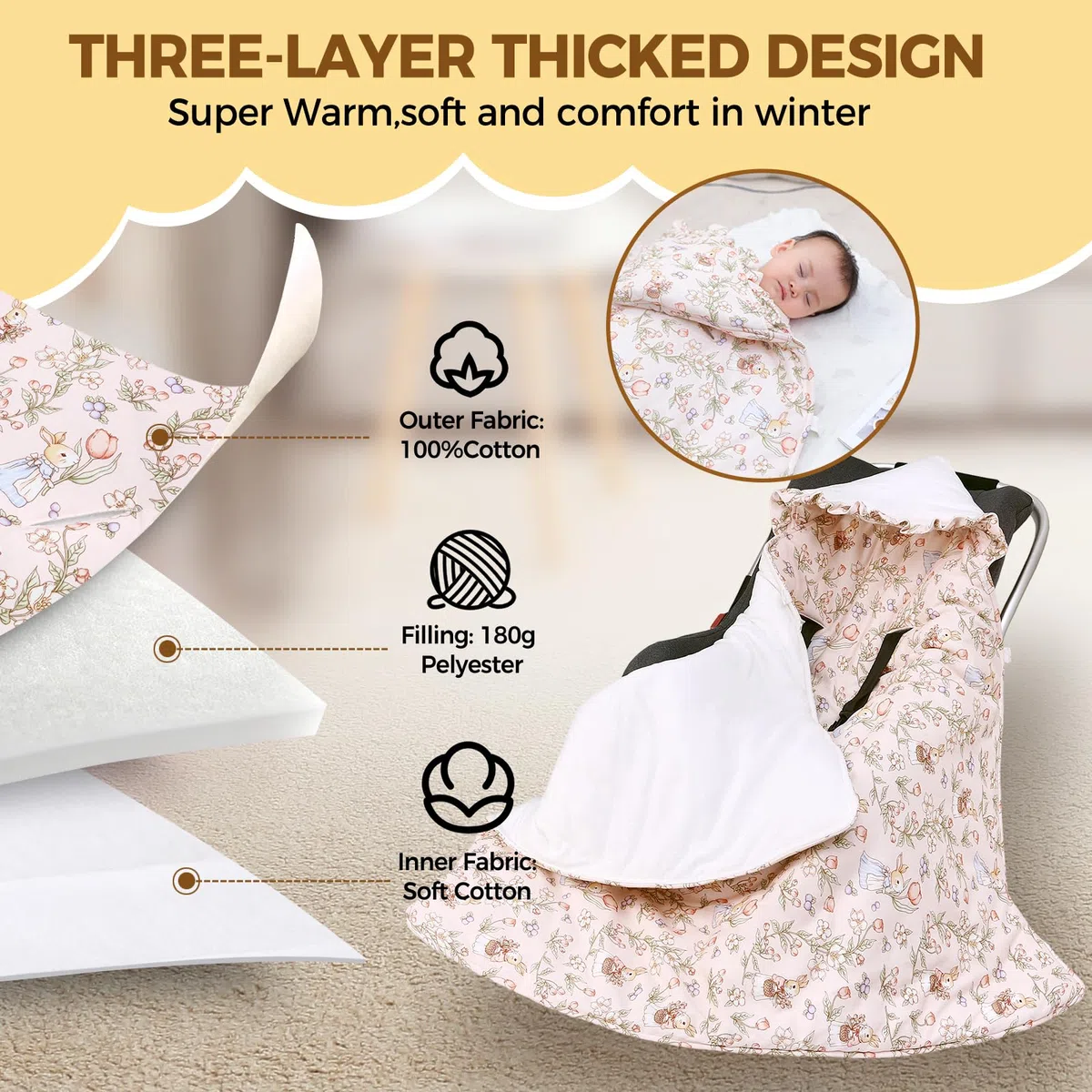 LAT Einschlagdecke für Babyschale, 90 * 90CM Universal Babydecke für Neugeborene, Kuscheldecke mit Kapuze Babydecke für Kinderwagen Buggy Autositz (Kaninchen und Blumen)