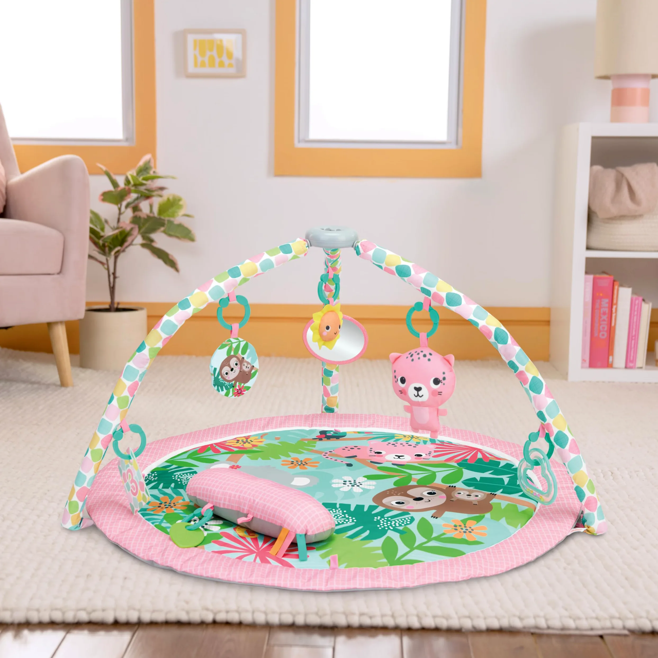 Bright Starts Rosy Regenwald Spieldecke Baby – faltbares Aktivitätsgym mit 7 Mitnehmsspielzeugen & Tragetasche, Dschungel-Design für Neugeborene und Ältere