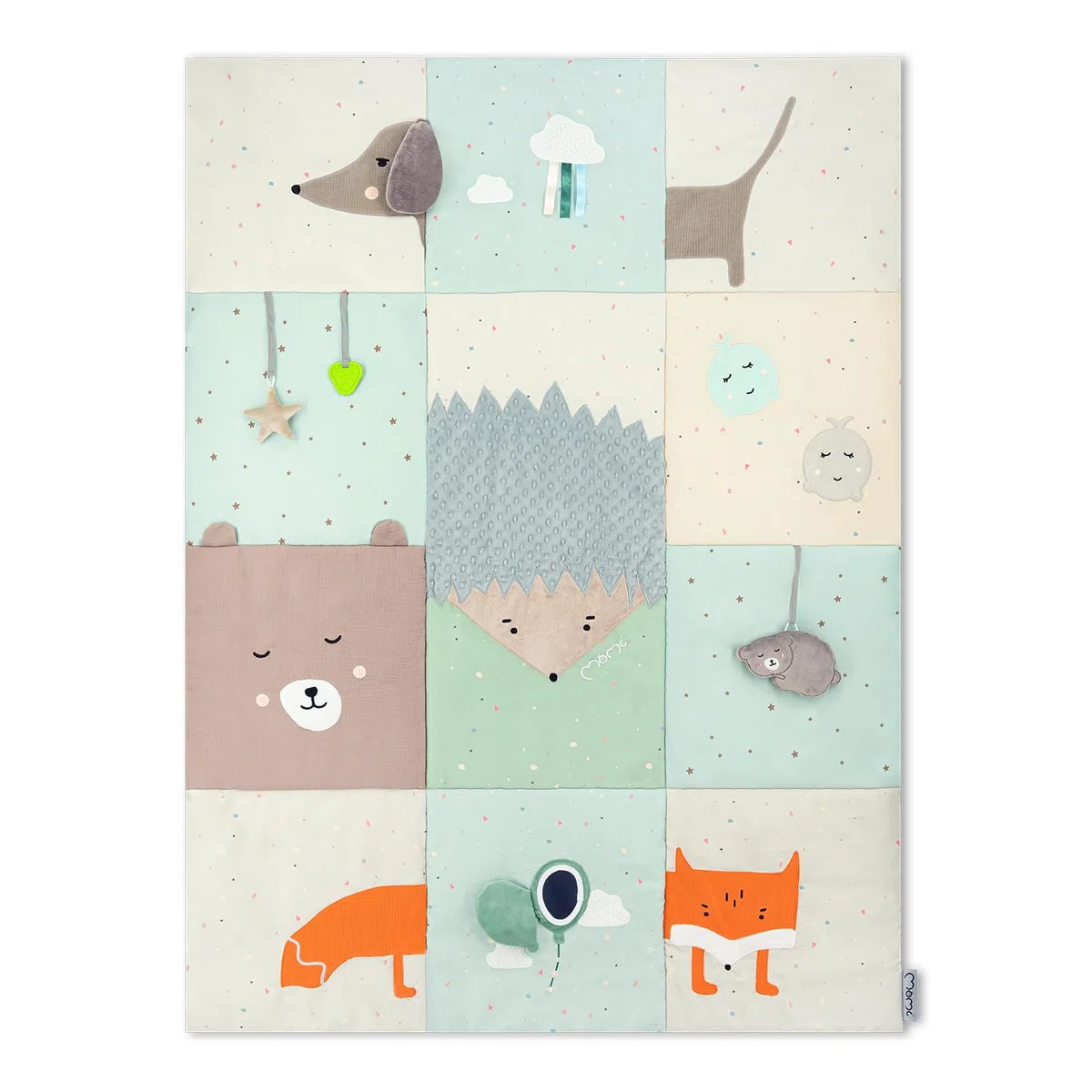 Momi Sensorische Patchwork-Matte VOLPI für Babys und Kleinkinder 120 x 160 cm, Spielmatte und Krabbeldecke für Mädchen und Jungen, faltbar zu einer Tasche mit Tragegriffen