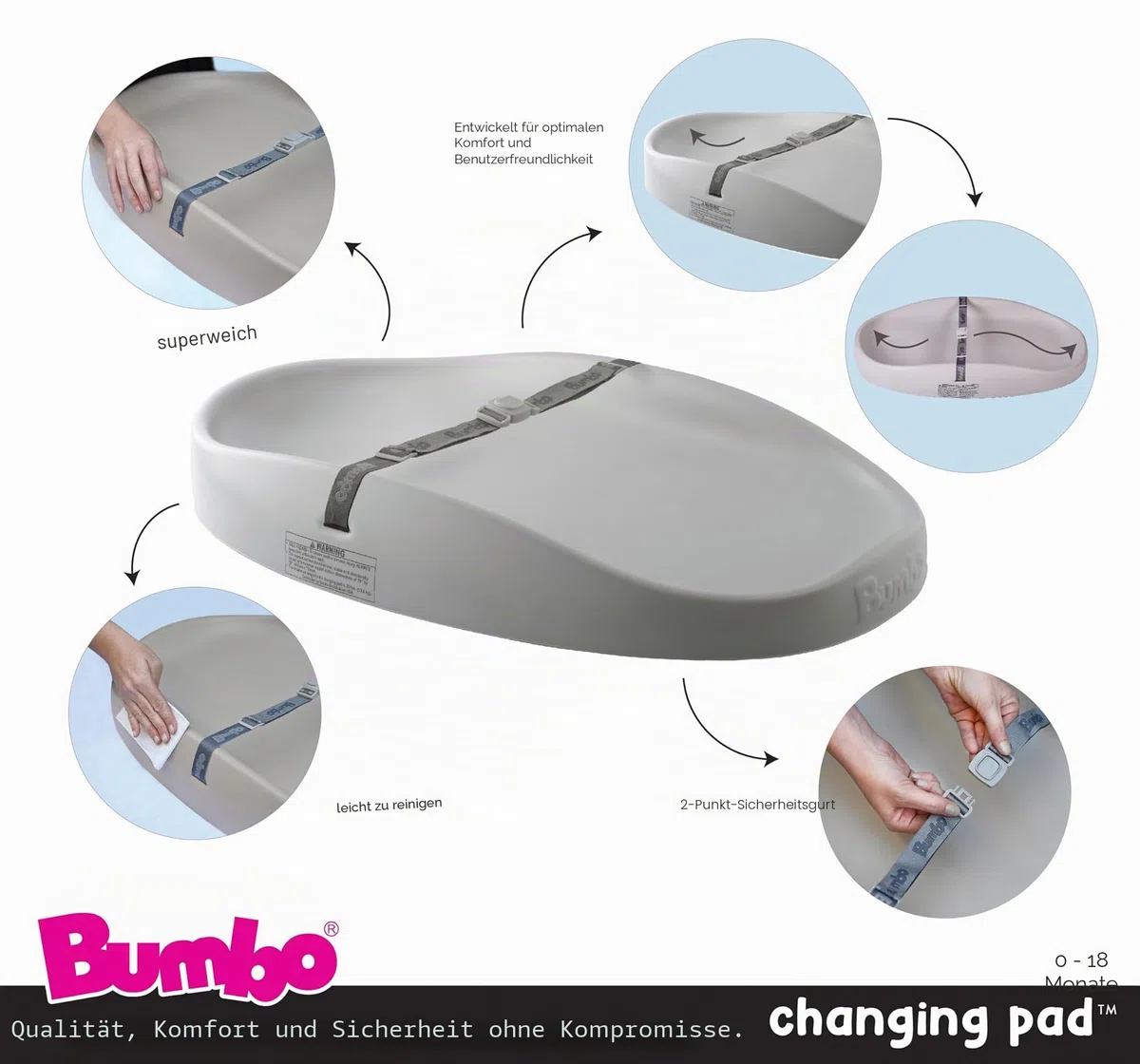 Bumbo Baby Wickelunterlage - Leicht zu Reinigen Mit Sicherheitsgurt - Anti-Roll-Funktion - Taupe