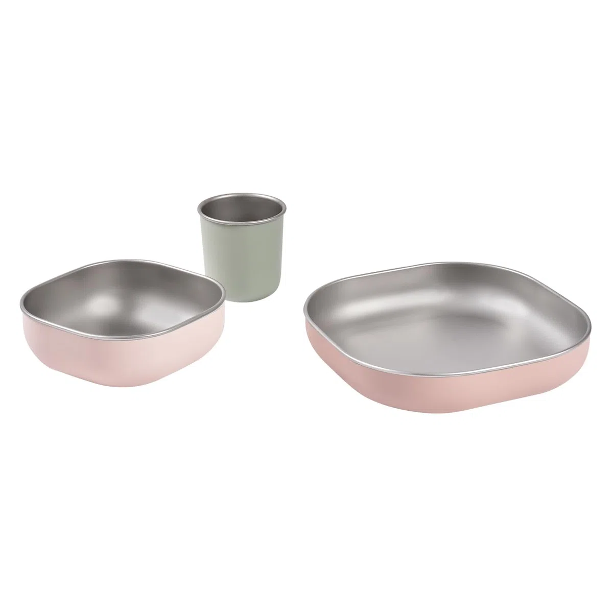 BÉABA Baby-Essensset Edelstahl 3-teilig – Glas + 2 Teller mit Silikonhülle, Mikrowellen- & Spülmaschinengeeignet, Leicht, Bruchsicher & Rutschfest – Farbe Barbapapa