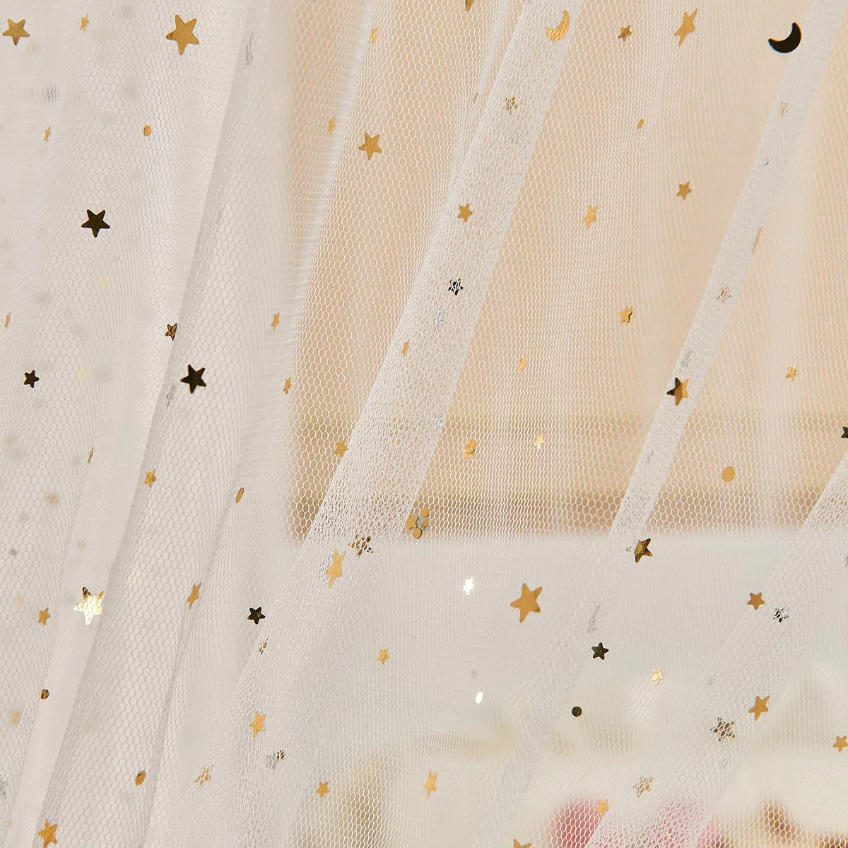 Weißer glänzender Betthimmel mit Lichtern für Mädchen und Kinder, 4 Eckpfosten, Mond, Sterne, Pailletten, Prinzessin, Betthimmel, Bettvorhänge für Schlafzimmer, Dekoration (voll, weiß)