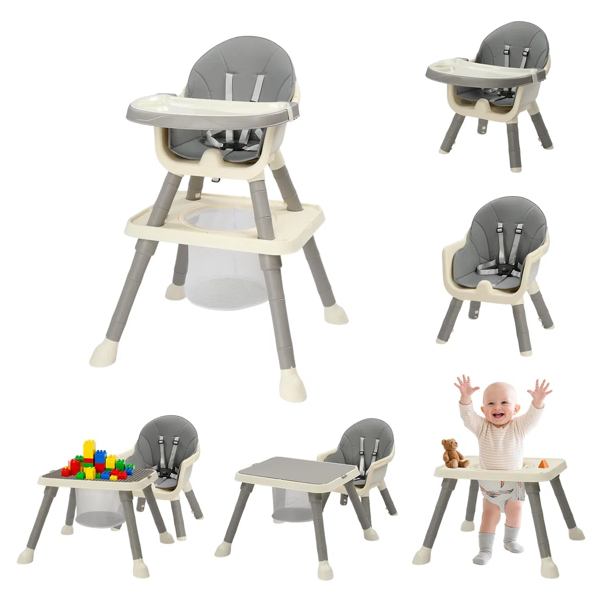 Bonnlo Baby Hochstuhl mit Liegefunktion, Hochstuhl Baby ab 6 Monate für Essen und Badewanne, Premium Babystuhl mit Goldrahmen, Inkl. Doppeltablett und Fußstütze, Bis 15 kg (Grau)