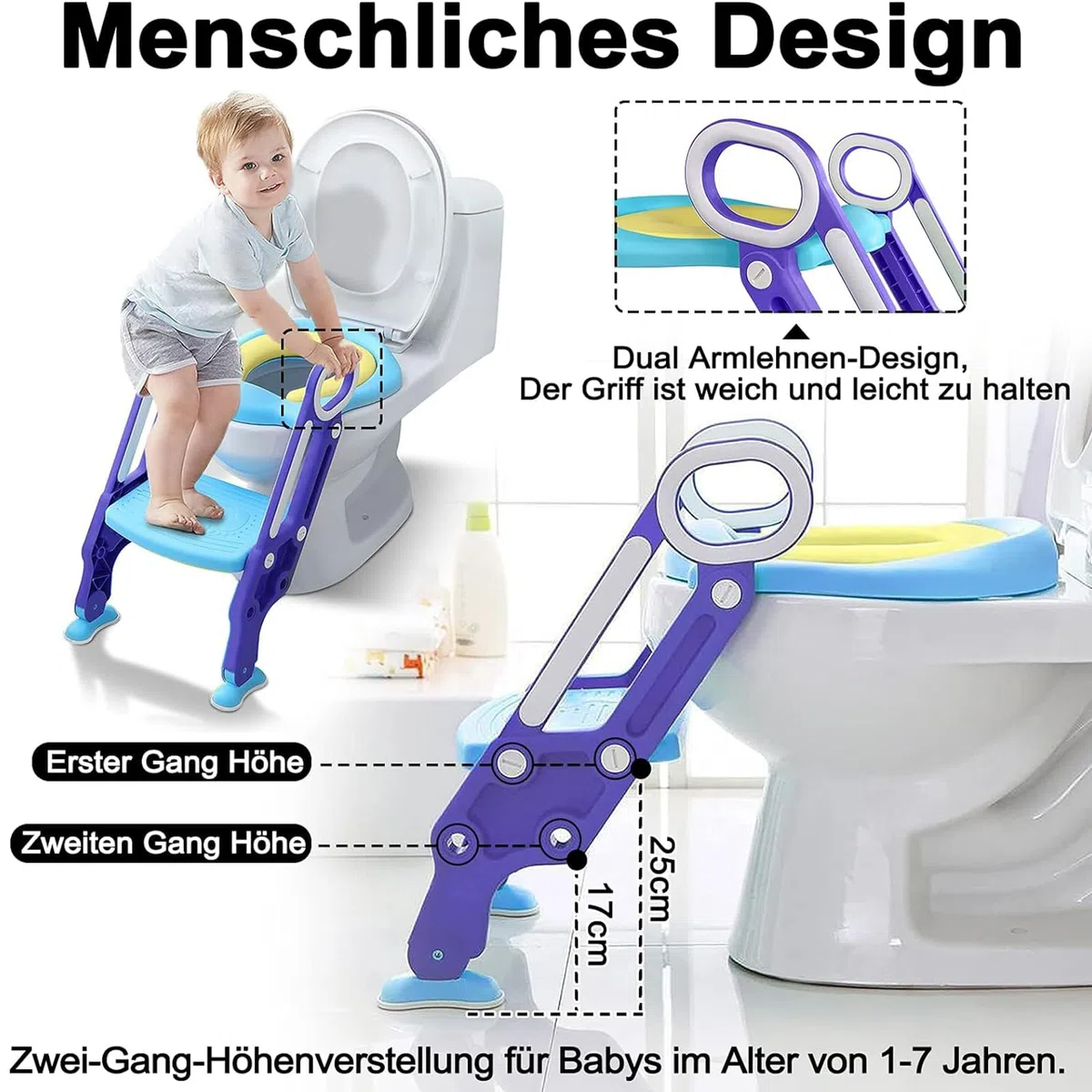 Toilettensitz Kinder mit Treppe, Aufun Toilettentrainer Faltbar Leiter Lerntöpfchen mit Treppe Baby Wc-Sitz mit PU Gepolstert Kissen und Griffen Töpfchen (Blau und Lila)