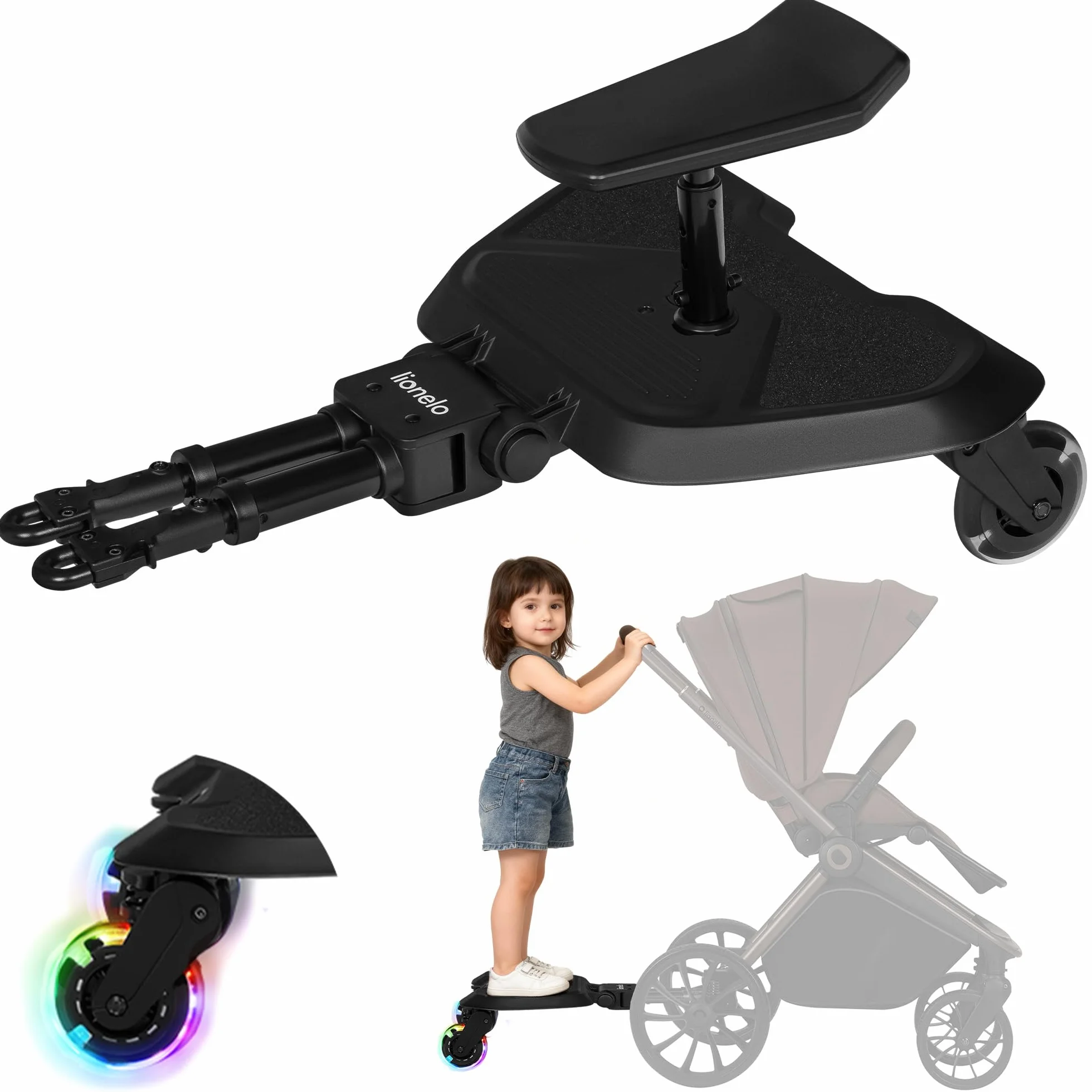 LIONELO Buggy Board 2-in-1 Mitfahrbrett für Kinderwagen mit abnehmbarem Sitz, universell passend, Stoßdämpfung, LED-Räder, bis 25 kg, für Kinder 2-5 Jahre