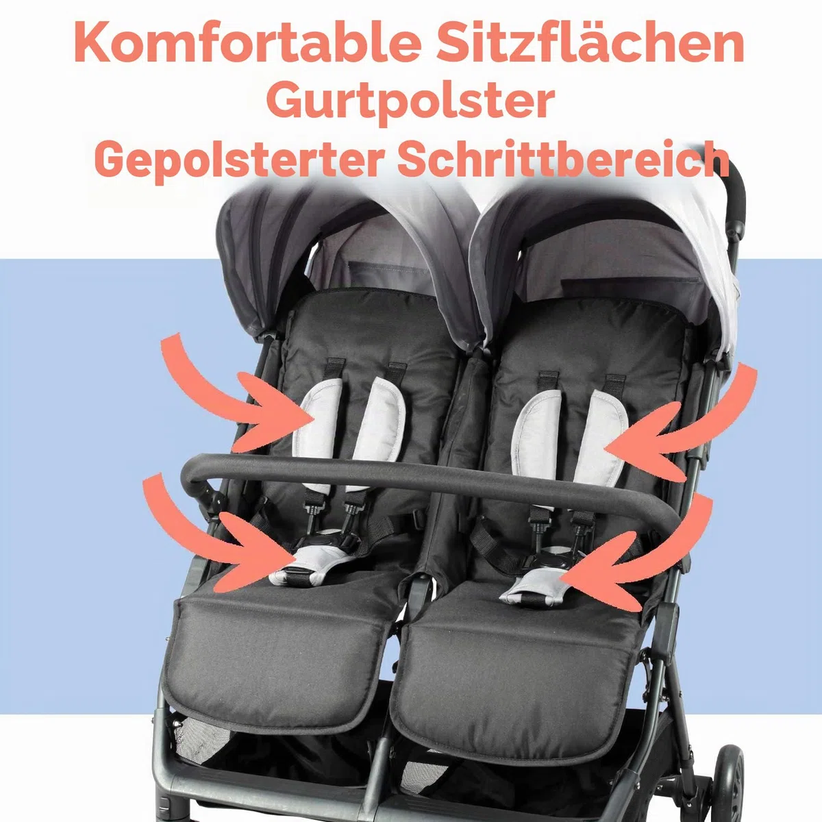Bambisol Doppelkinderwagen nebeneinander | ideal für Zwillinge ab der Geburt mit ultra-kompaktem Zusammenklappen | Farbe Schwarz und Grau
