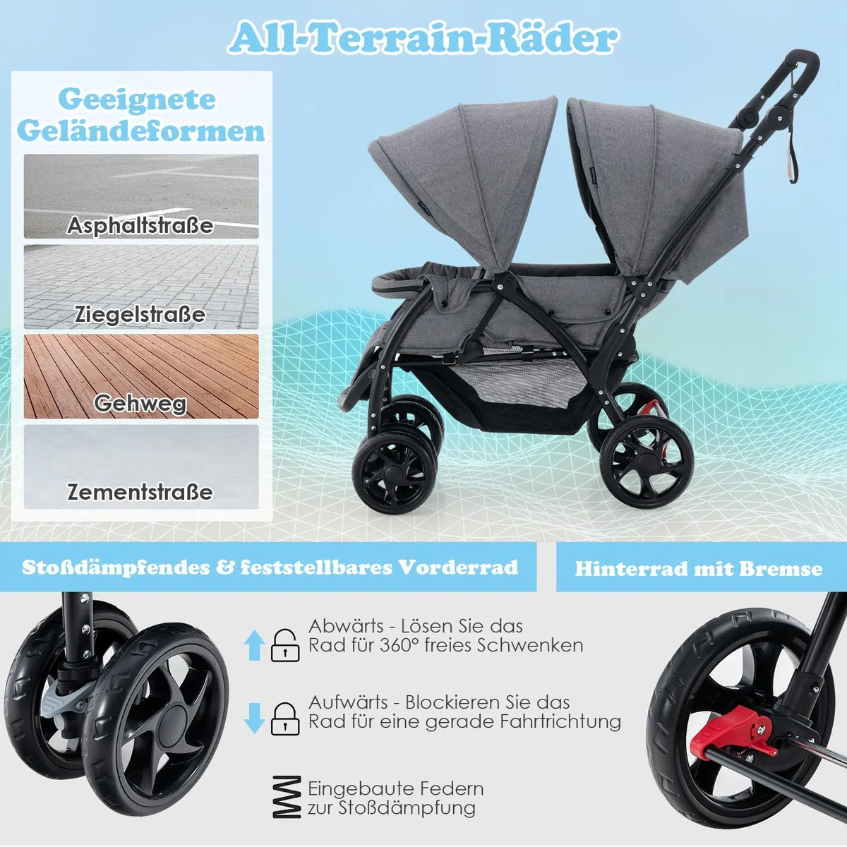 FANTASK Geschwisterwagen klappbar Zwillingswagen verstellbare Rückenlehne Verdeck Baby ab 6 Monate 30 kg Belastbar Grau
