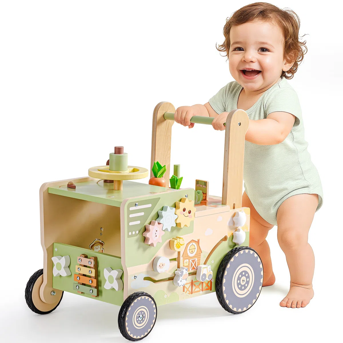 ROBUD Lauflernhilfe Holz, Lauflernwagen im Bauernhof-Thema mit Rädern, Motorikspielzeug Lernspielzeug für Mädchen Jungen, Geschenke für Babys ab 10 Monate (Geschwindigkeit & Höhe Einstellbar)