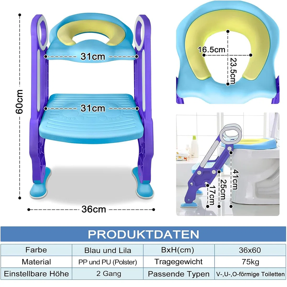Toilettensitz Kinder mit Treppe, Aufun Toilettentrainer Faltbar Leiter Lerntöpfchen mit Treppe Baby Wc-Sitz mit PU Gepolstert Kissen und Griffen Töpfchen (Blau und Lila)