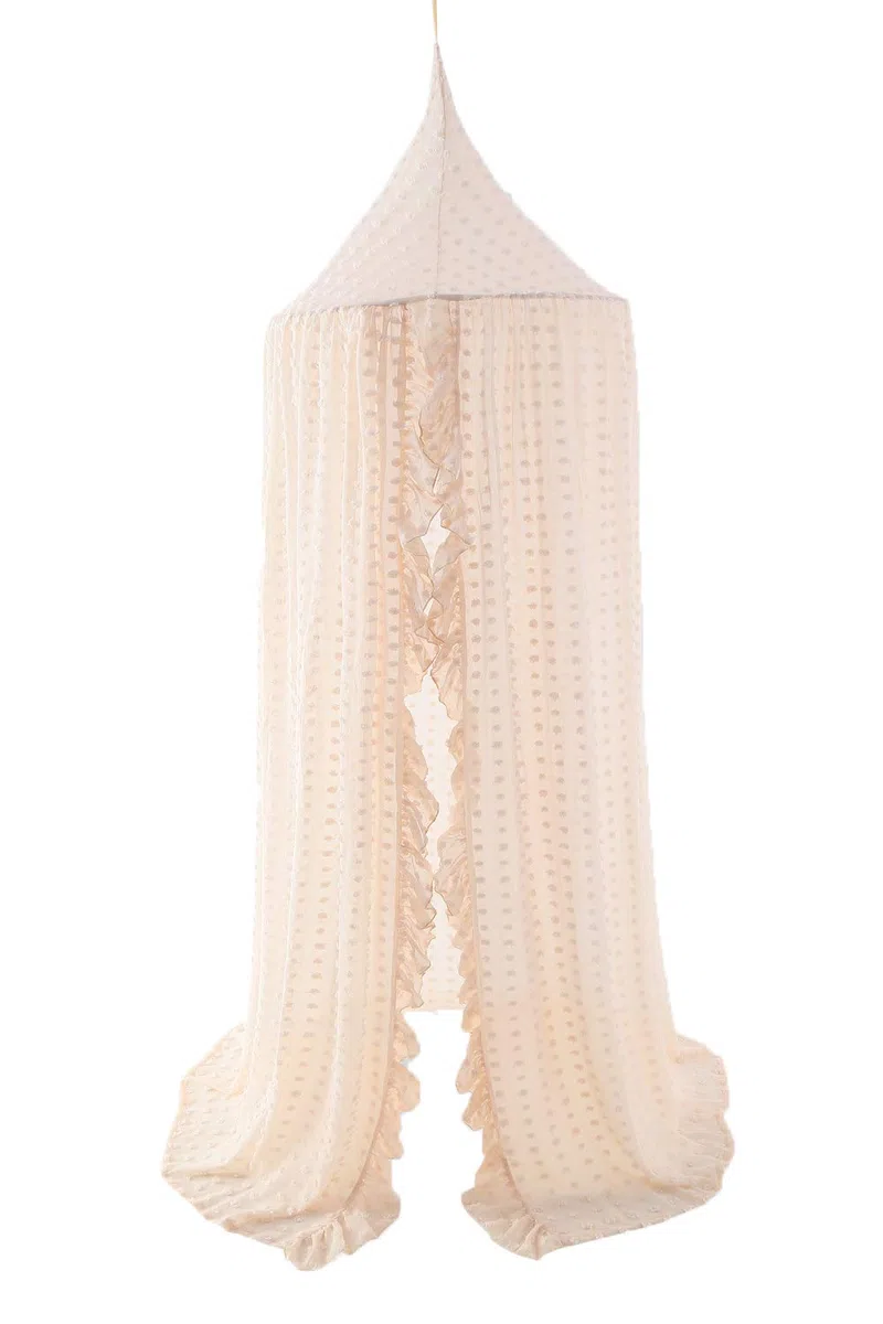 Wonder Space Elegantes Baldachin Mädchen Betthimmel mit Pompons und Moskitonetz für Kinderbett und Babybett – Dekoratives Prinzessin Zelt, Kinderzimmer Hängevorhang und Leseecke, Beige