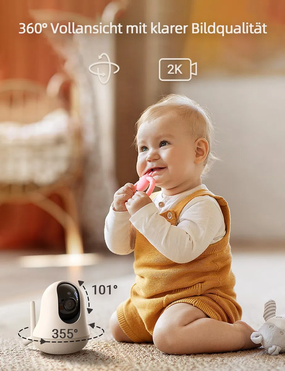 nooie Babyphone mit Kamera und App,2K intelligentes Babyfon, Temperaturüberwachung,2.4/5GHz WLAN, Nachtsicht,Zwei-Wege-Audio, Weinen/Geräuscher-kennung, KI-Tracking, funktioniert mit Alexa
