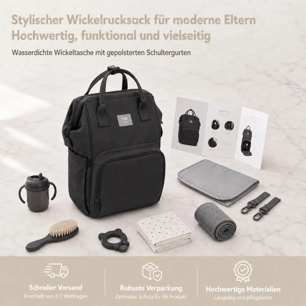 Fillikid Wickelrucksack Barcelona | Geräumiger & stylischer Rucksack mit vielen Fächern, isoliertem Flaschenhalter & Wickelauflage | Bequem tragbar & ideal für den Alltag mit Baby