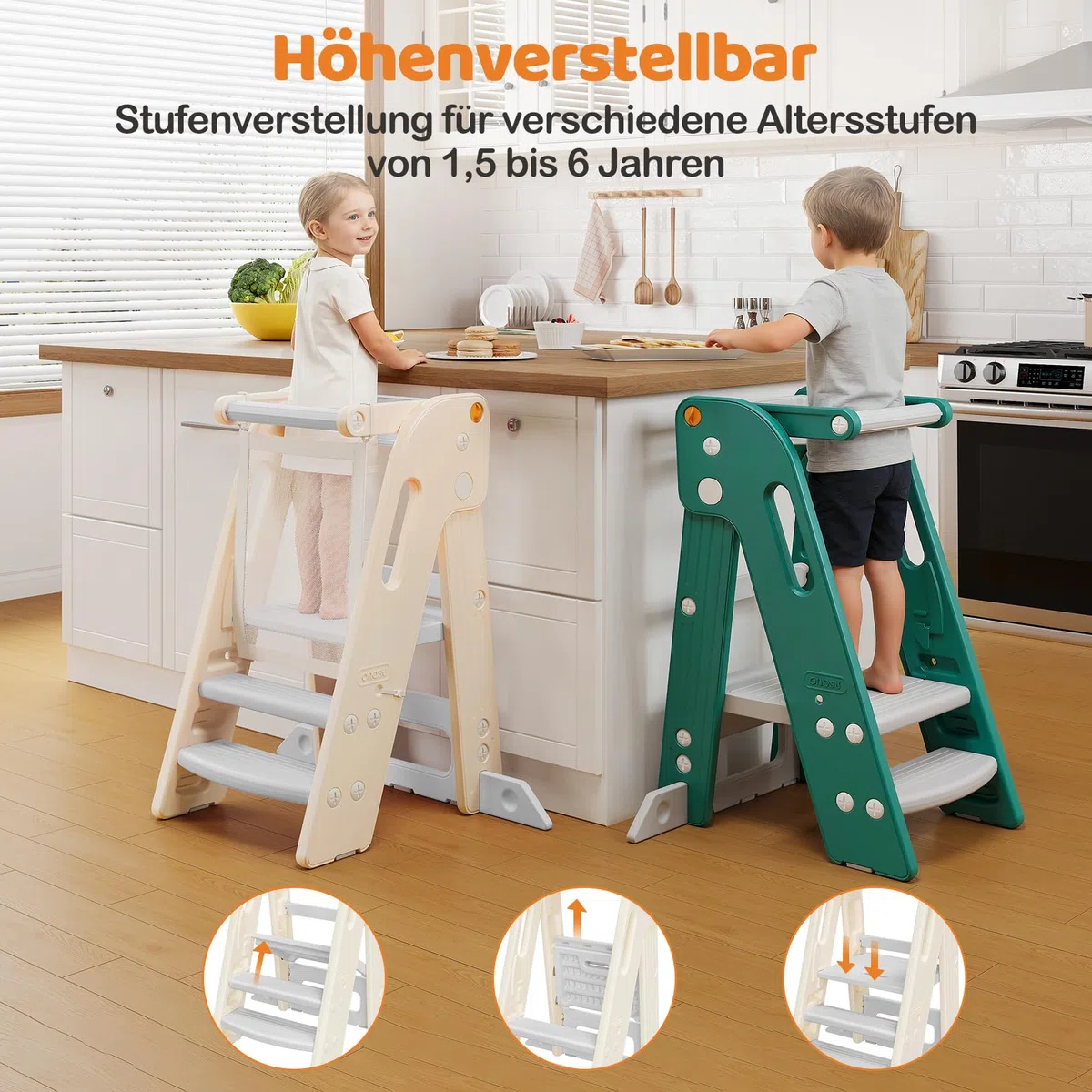 Lernturm für Kinder mit Sicherheitsgeländer, Lernturm Klappbar, Höhenverstellbar, Learning Tower mit Kippschutz & Anti-Rutsch-Trittfläche, für Küche, Badezimmer und Waschbecken (Creme-weiß)