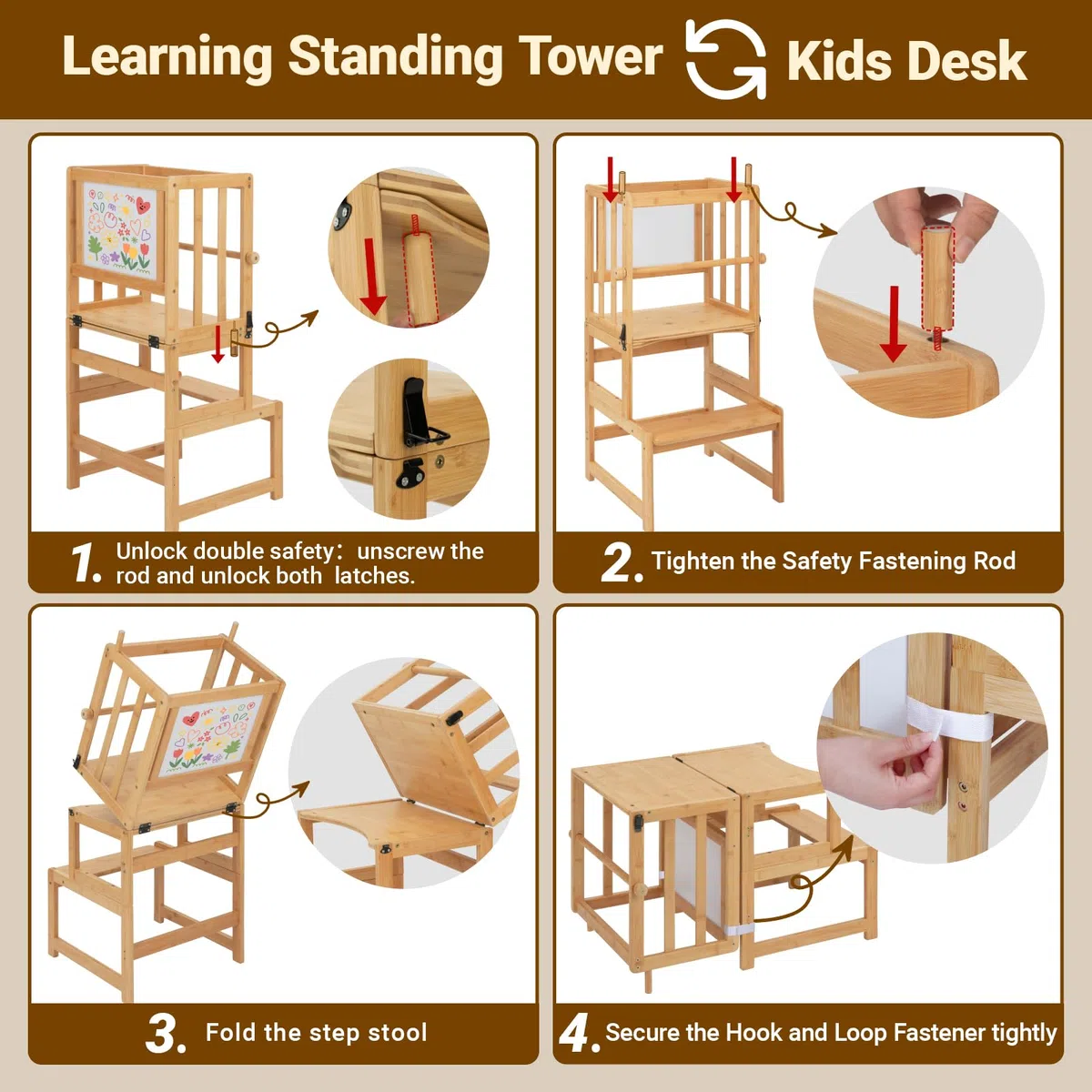 COSYLAND Montessori Lernturm ab 1 Jahr klappbar | 3 in 1 Learning Tower & Lernstuhl Kinder ab 1 Jahr | Klappbarer Montessori Lernturm mit Tafel für Küche, Tisch & Bad, Toddler Tower