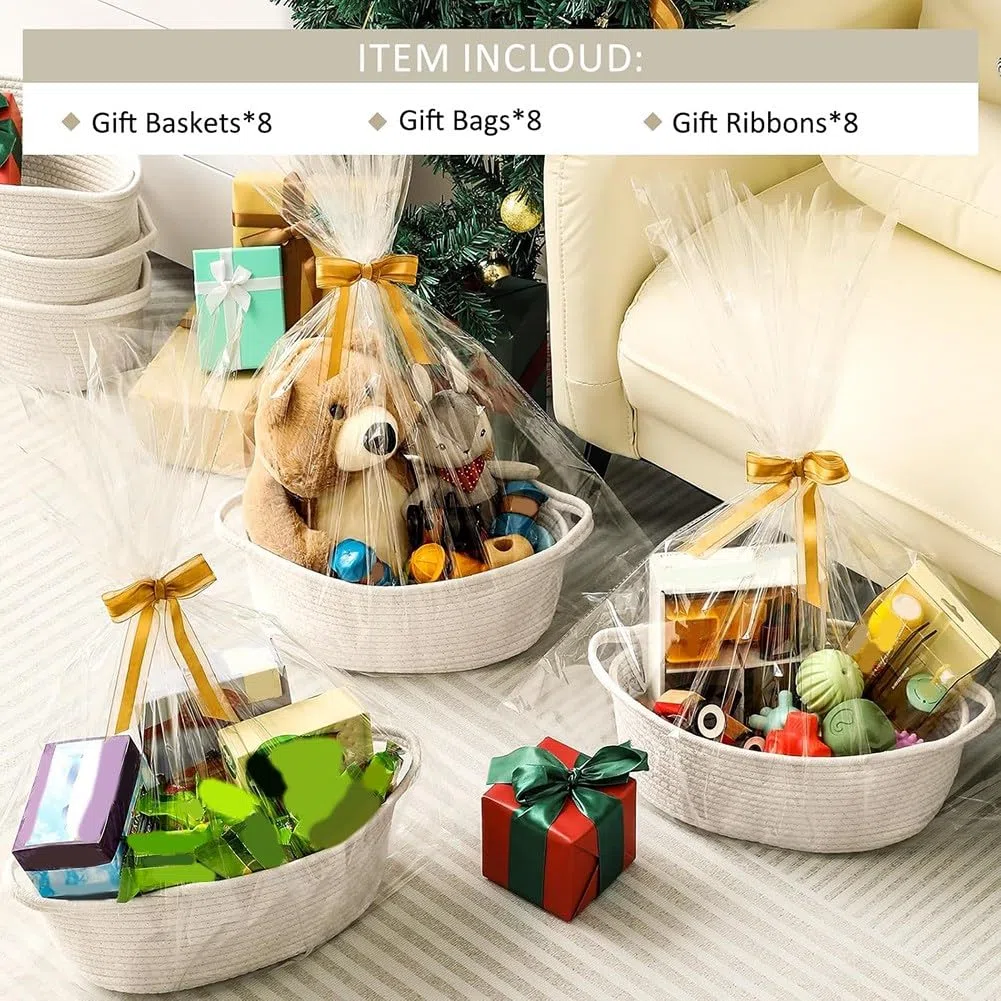 8er-Pack Kleiner Geflochtener Korb mit Geschenktüten und Bändern, Leere Dekorative Geschenkbox, Süßer Baby-Geschenkkorb Fürs Kinderzimmer