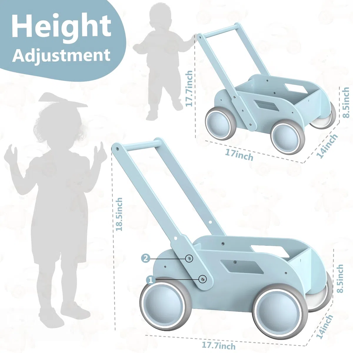 Lauflernwagen Holz, Baby Lauflernhilfe für Junge und Mädchen, Toddler Push & Pull Lauflernspielzeug, Kinderwagen aus Holz, Baby Walker mit Rädern, Geschenk für Geburtstag Weihnachten, Blau