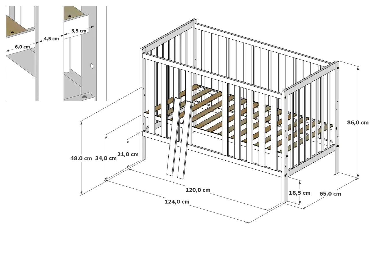 zee Bambi Weiß 2in1 Babybett Set 120x60 cm mit Schutzbarriere + Wickelkommode mit Wickeltisch Babyzimmer Möbel Set Kinderbett Umbaubar zum Juniorbett Baby Bed Robustes Gitterbett