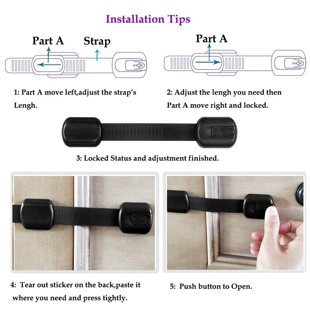 Maveek Sicherheitsschloss für Kinder/Babys, verstellbarer Riemen, Babysicher, ohne eingefangene Finger für Schrank/Schubladen/Schrank/WC-Sitz/Backofen und Kühlschrank; 9 zusätzliche 3M-Klebepads