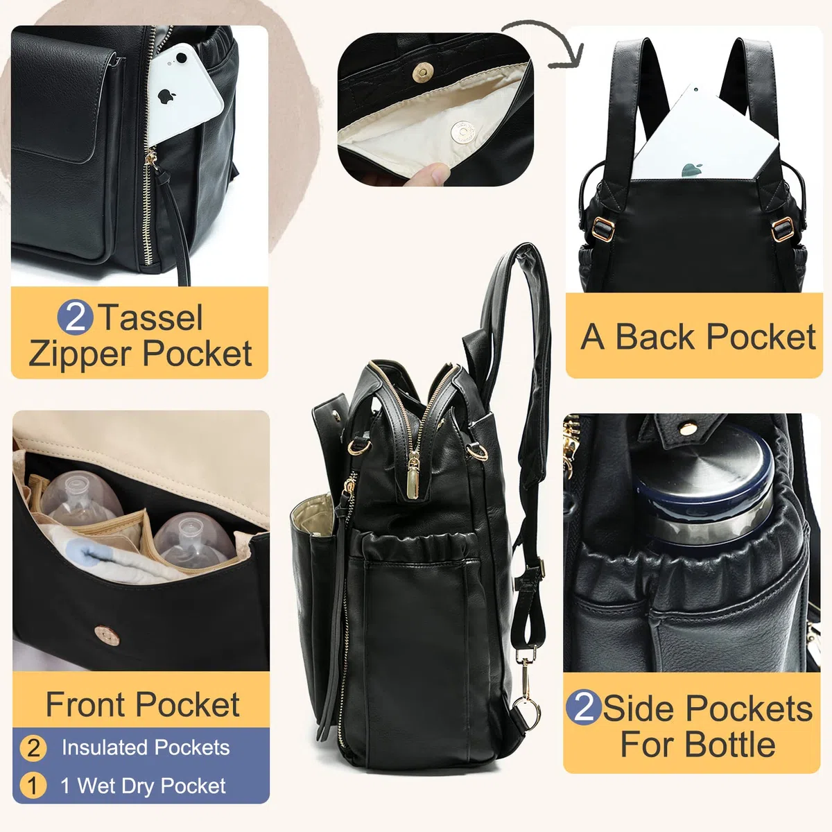 MISS FONG Baby-Wickeltasche, Rucksack, Wickelrucksack, Leder, Wickeltaschen mit Wickelunterlage, Babytaschen für Mama und Papa, mit Kinderwagengurten, isolierten Taschen