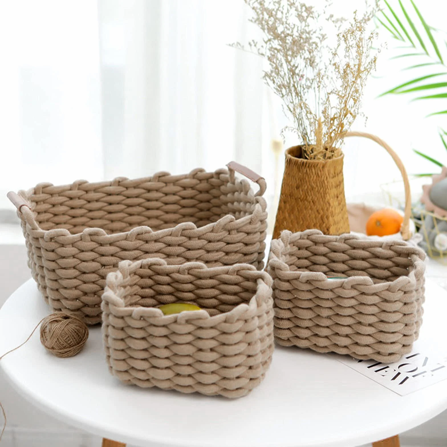 Icegrey Aufbewahrungskorb Baumwolle Strickkorb Dekorative NatüRliche Rechteck Wasserdichter Aufbewahrungsboxen Organisatoren für Babyzimmer, Schlafzimmer, Wohnzimmer Khaki 3er Pack