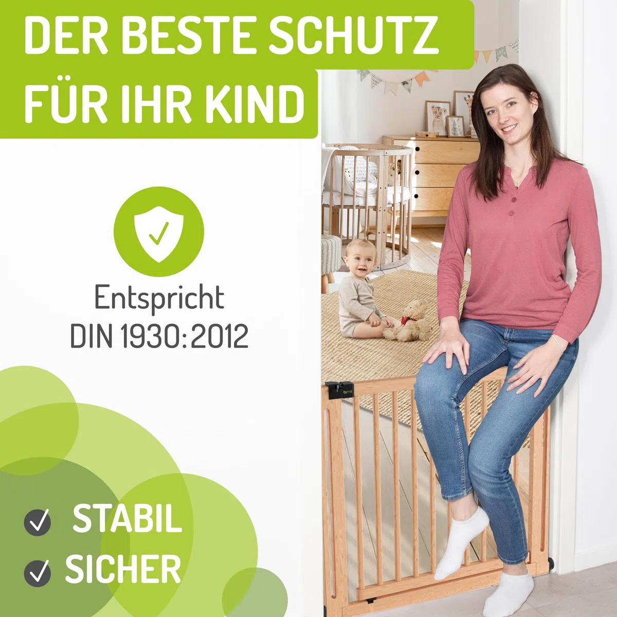 BOMI Kindertreppenschutzgitter aus Buchenholz PEFC geprüft 79-87 cm Ohne Bohren 90° Stop XXL-Tür