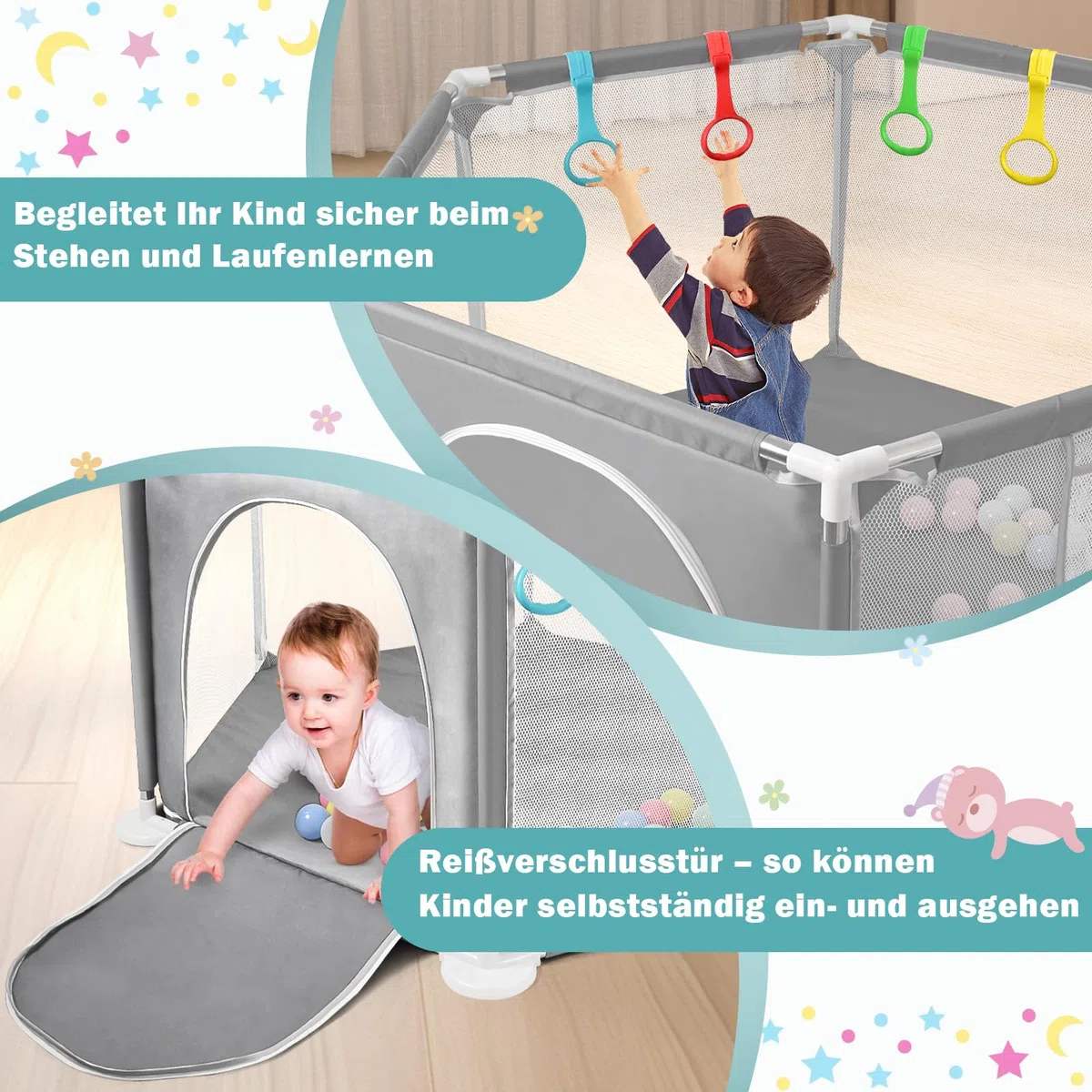 CHOLY Baby Laufstall für Babys und Kleinkinder, stabiler sechseckiger Laufstall mit atmungsaktivem Netz, Aktivitätszaun für Kinder für drinnen und draußen mit Reisetasche (Hellgrau)
