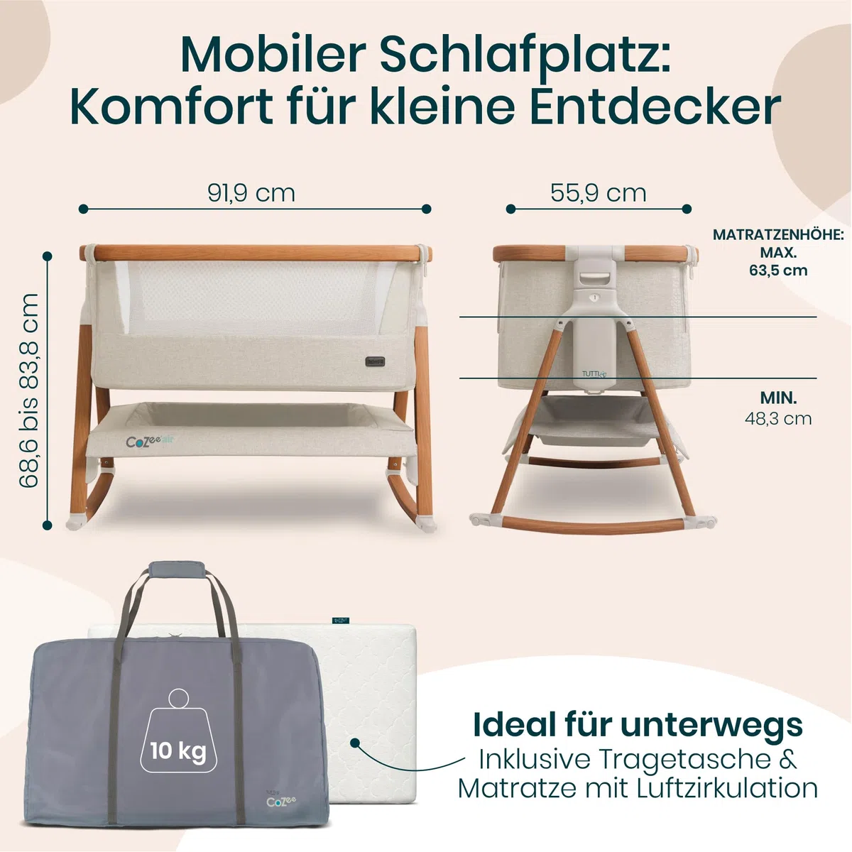 Tutti Bambini CoZee Air Beistellbett Baby Reisebett mit Matratze Kompakt faltbar Atmungsaktive Matratze 6-fache Höhenverstellung 0-6 Monate Walnuss Naturweiß