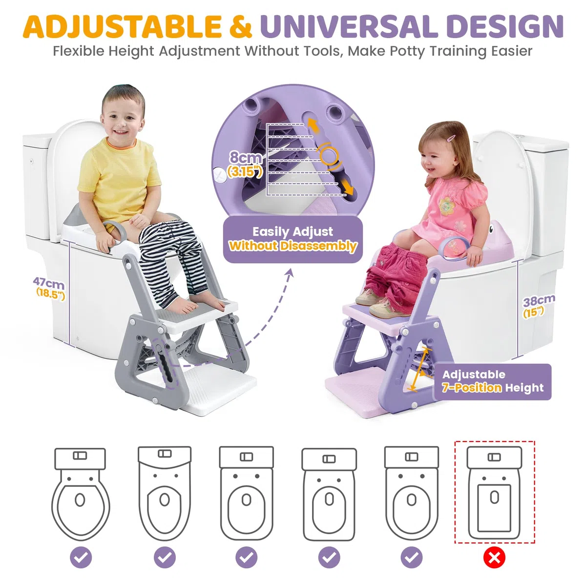 Orzbow Toilettensitz Kinder, Stabil Kinder Toilettensitz mit Treppe und Dreiecksstruktur, Verlängerter Pedal- und Spritzschutz und PVC-Polster, Rutschfest und Faltbar, Frosch, Violett-Rosa