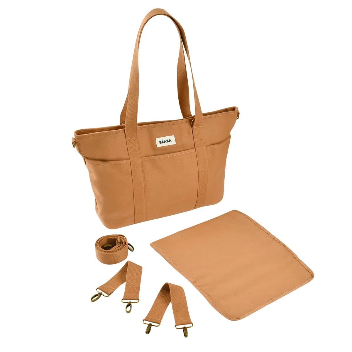 Béaba Wickeltasche Baby Madrid 22L – Wickeltasche im Tote-Format, Unisex für Mama und Papa, 11 Fächer, Isoliertasche, Kinderwagenbefestigung, Gepolsterte Wickelunterlage – Ocker