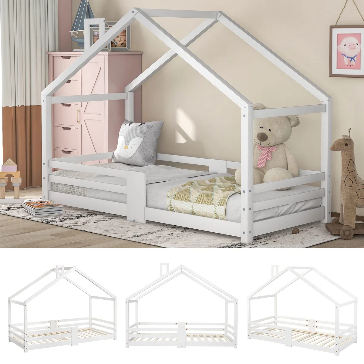 Kayan Kinderbett Hausbett mit Schornstein | Rausfallschutz| Robuste Lattenroste |Kiefernholz Haus Bett für Kinder, 90 x 200 cm (Weiß)