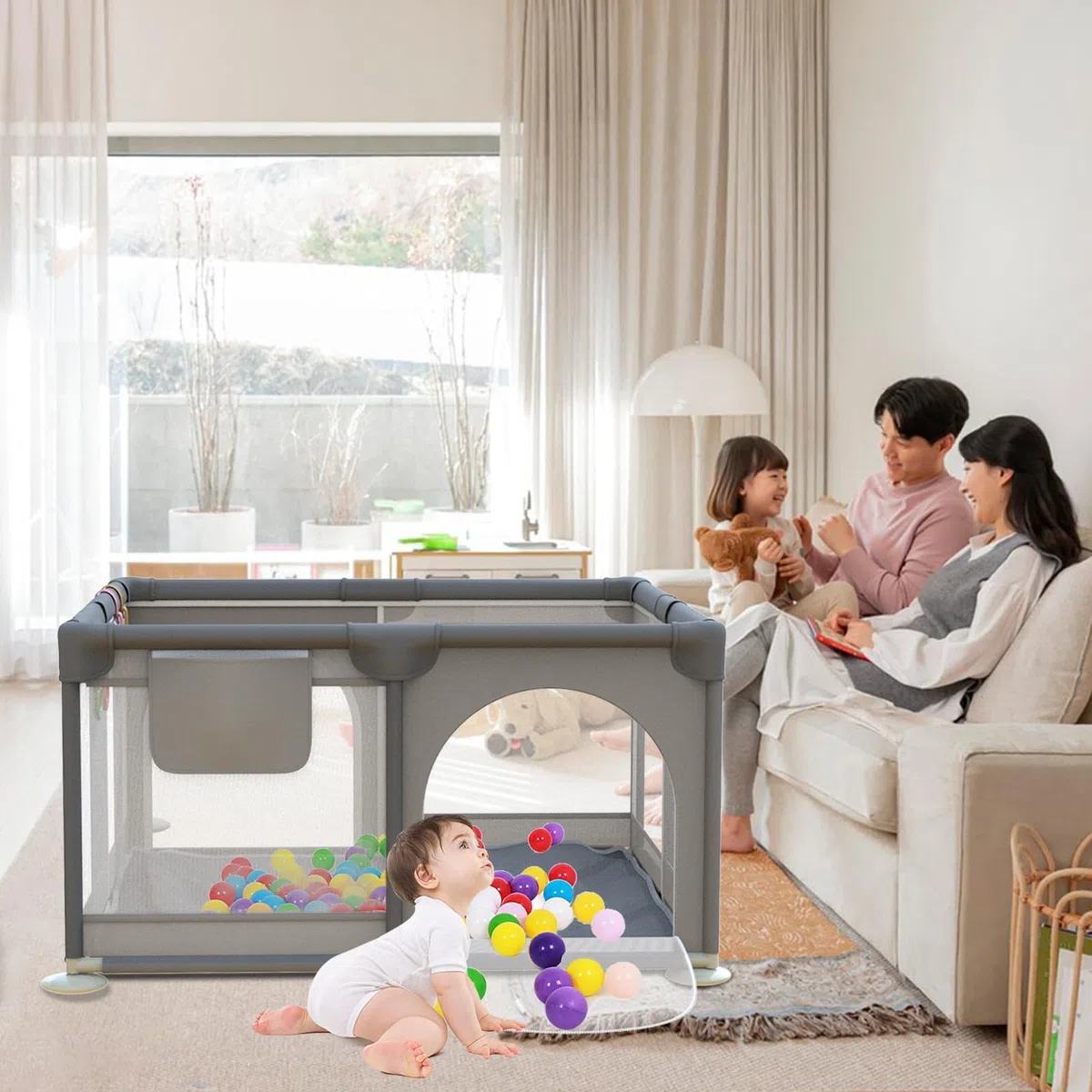 Laufstall Baby 120x120cm, Laufgitter Baby mit 2 Zugringen, Kinder Laufgitter mit Atmungsaktivem Netz und Reißverschluss für Kleinkinder, Dunkelgrau