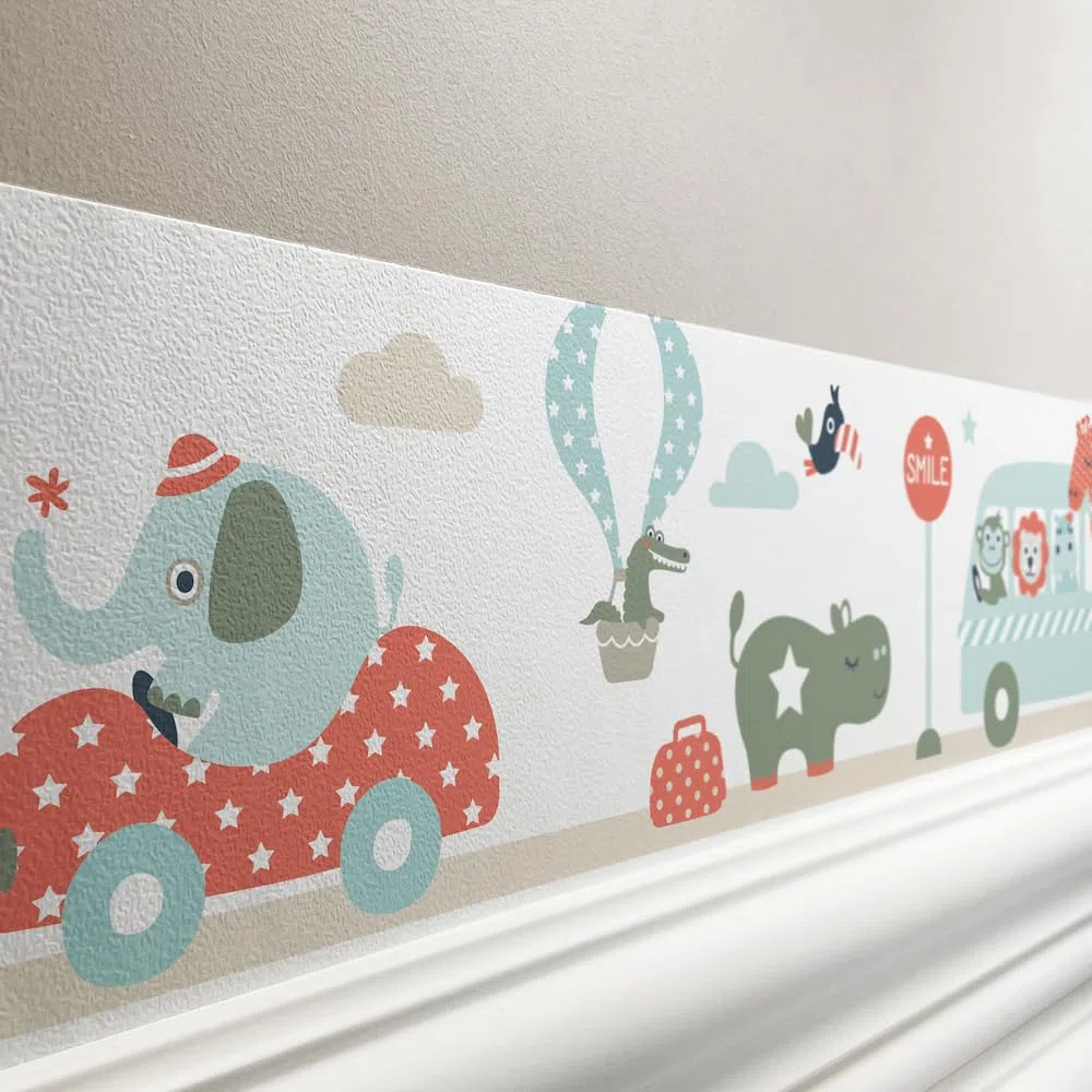 Bordüre selbstklebend TIERE ON TOUR MINT ROT BEIGE - Wandbordüre Kinderzimmer Babyzimmer mit Elefant im Auto - Wandtattoo Schlafzimmer Mädchen & Junge – Wanddeko Baby Kinder