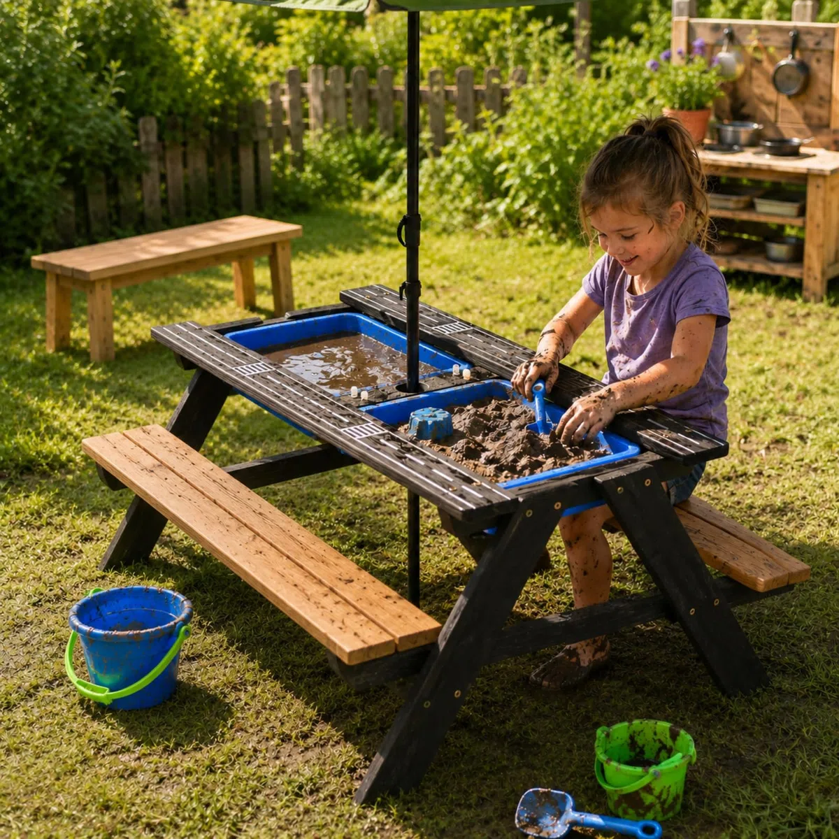 HAGO24 | Kindersitzgarnitur | Kindersitzbank | Spieltisch | Matschtisch | Picknickbank | Tanne | Kunststoffschale | Autospielfläche | Sonnenschirmloch