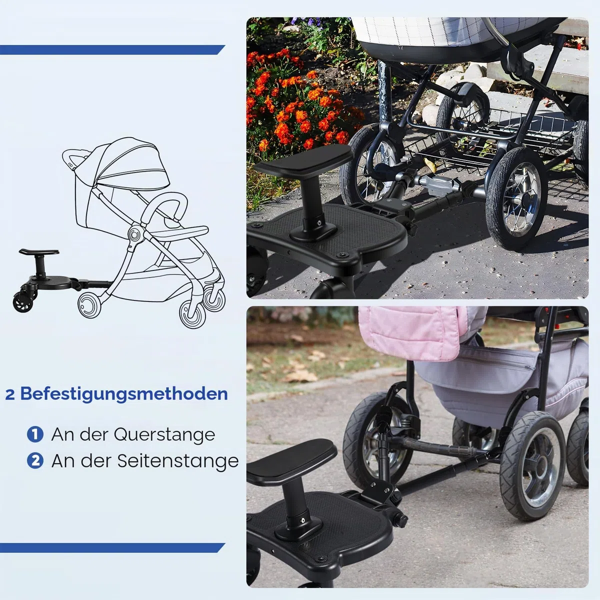 Mevip Buggy Board mit Sitz, Trittbrett Mitfahrbrett Universal, Kinderwagen Board mit Kinderwagen Organizer und Aufhängegurt,für 99% der Kinderwagen, Bearing 25KG