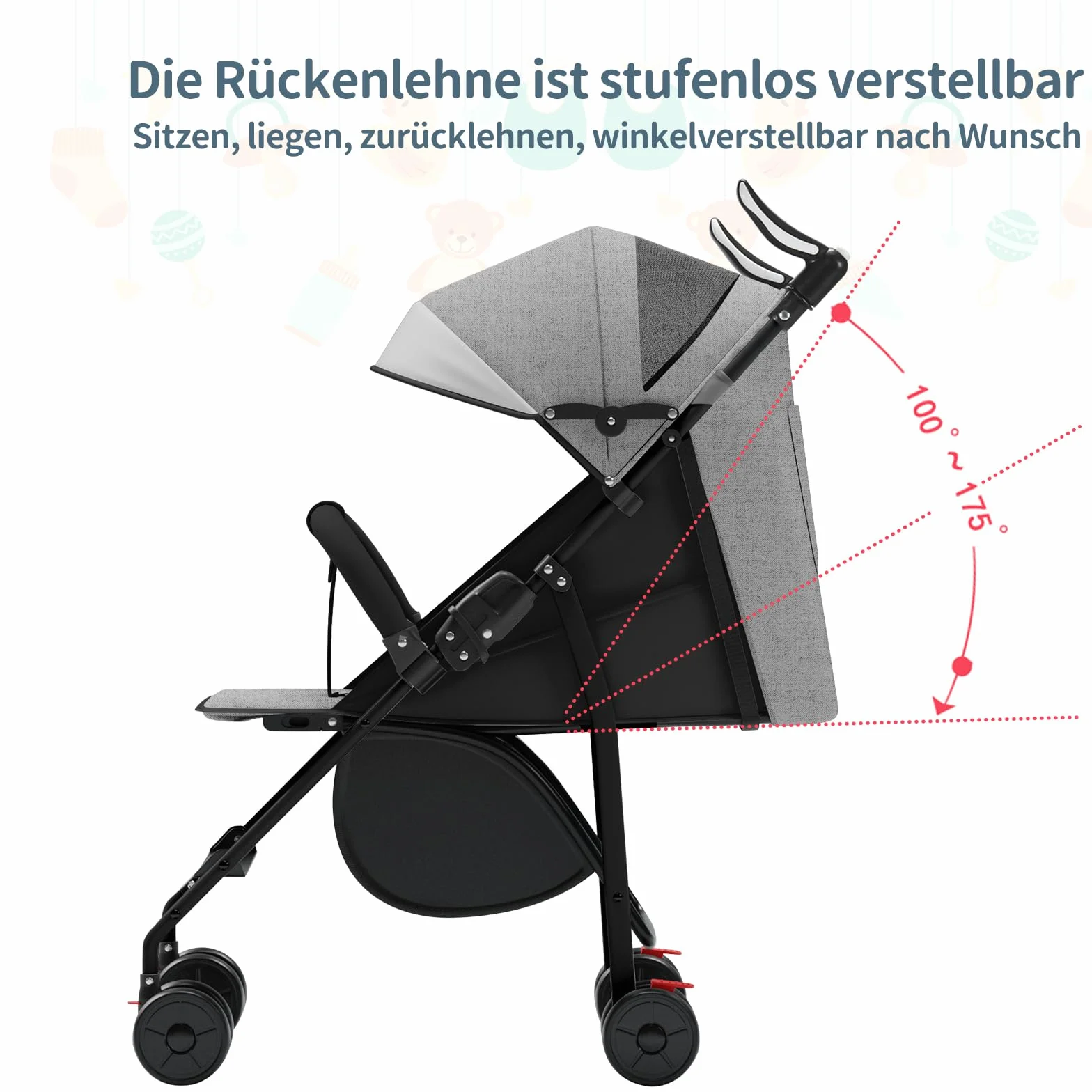 OHMG Reisebuggy flugzeug handgepäck,Kinderkraft Kinderwagen,Leichte Reise Buggy,Liegeposition, Kleine Maße nach Zusammenklappen,Vergrößerbares Verdeck,Für Geburt, bis 22 kg (A-Grau)