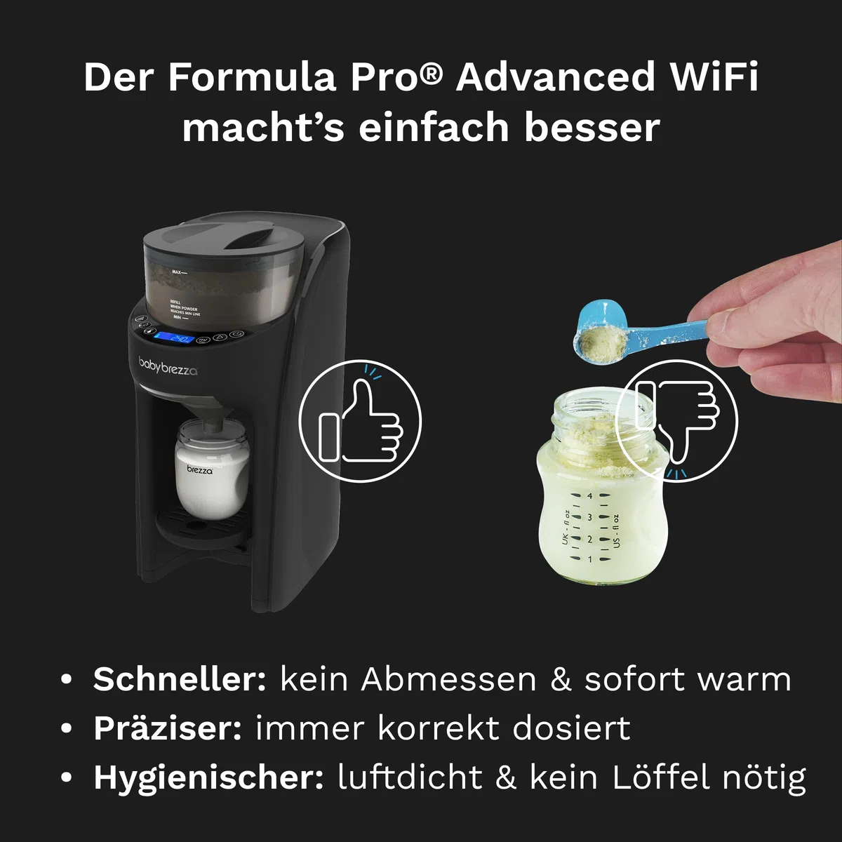 Baby Brezza Set automatischer Flaschenzubereiter WiFi, schwarz | App-Steuerung, inkl. extra Milchpulvertrichter, mischt Milchpulver & Wasser, Fernstart per Smartphone, 3 Temperaturstufen