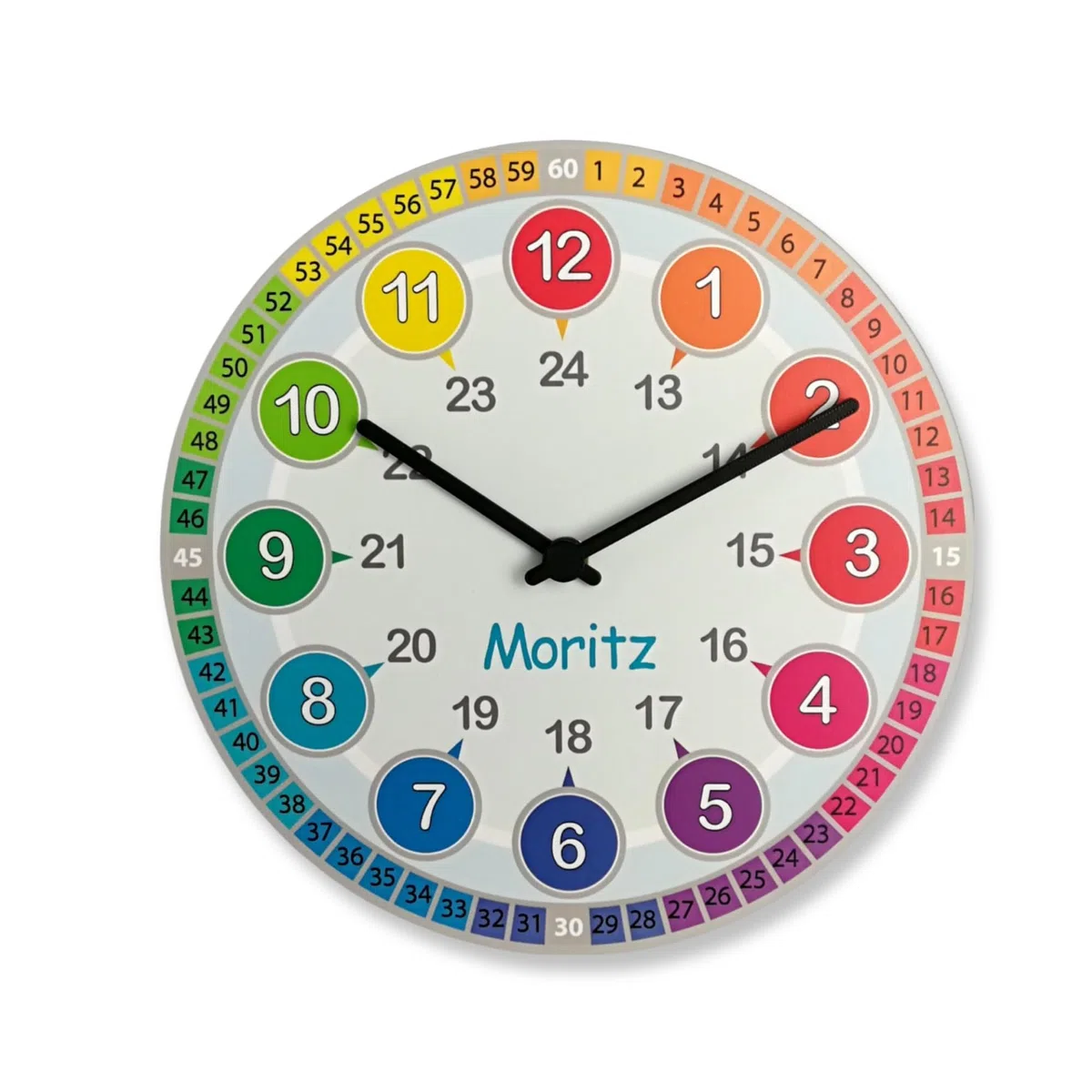 Bunte Lernuhr farbenfrohe Wanduhr Kinderzimmer personalisierte Kinderzimmeruhr Name Jungen Mädchen