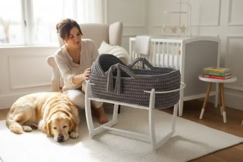 Generisch CHILDSMOOD Babybett, Babywiege Moseskorb Beistellbett Set | Handgefertigt, inklusive Matratze und Gestell