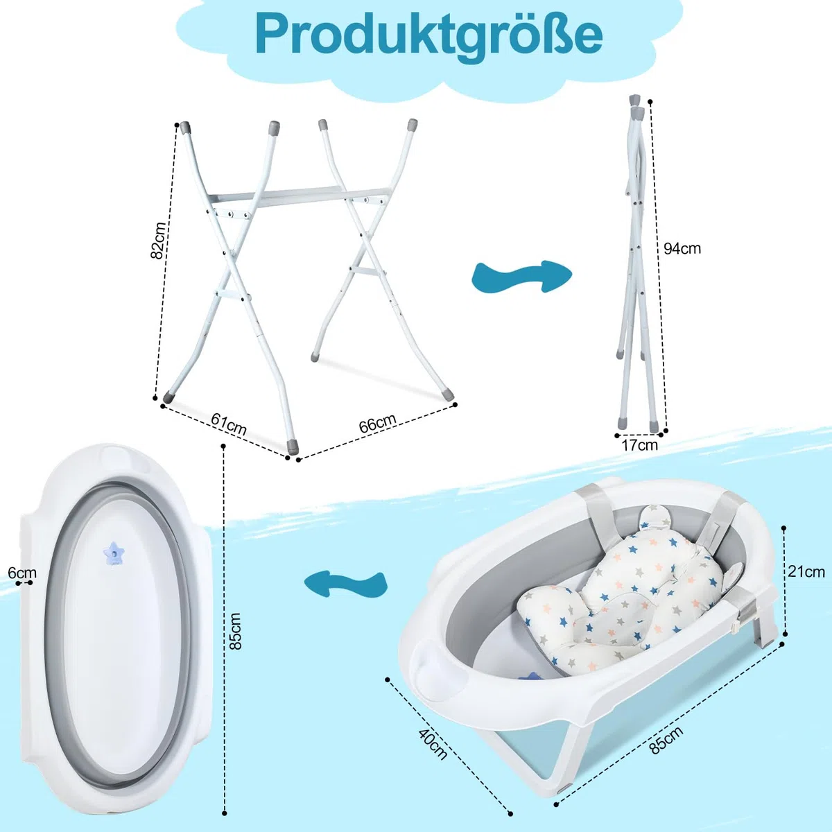 Baby Badewanne mit Gestell faltbare Babywanne Baby Wanne platzsparend, Babybadewanne mit Badekissen, Ablaufschlauch, Temperaturanzeige Wasserstopfen, stabile faltbare Badewanne Grau