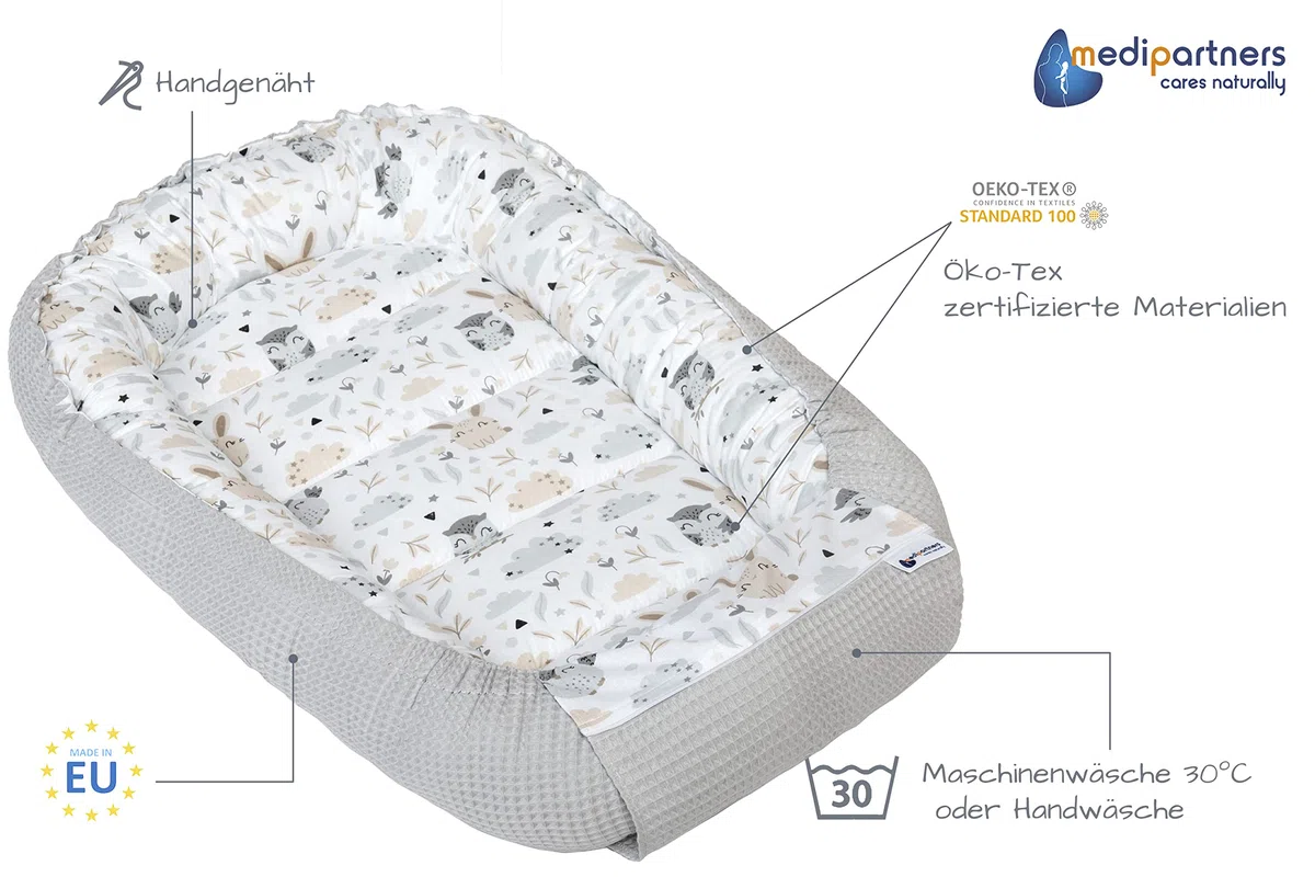 Medi Partners Babynest Nestchen für Neugeborene - 100x60x15 Babynestchen Baby zweiseitg Nest Bett 100% Baumwolle Waffel Kuschelnest tragbar (Lichtung mit Grauer Waffel)
