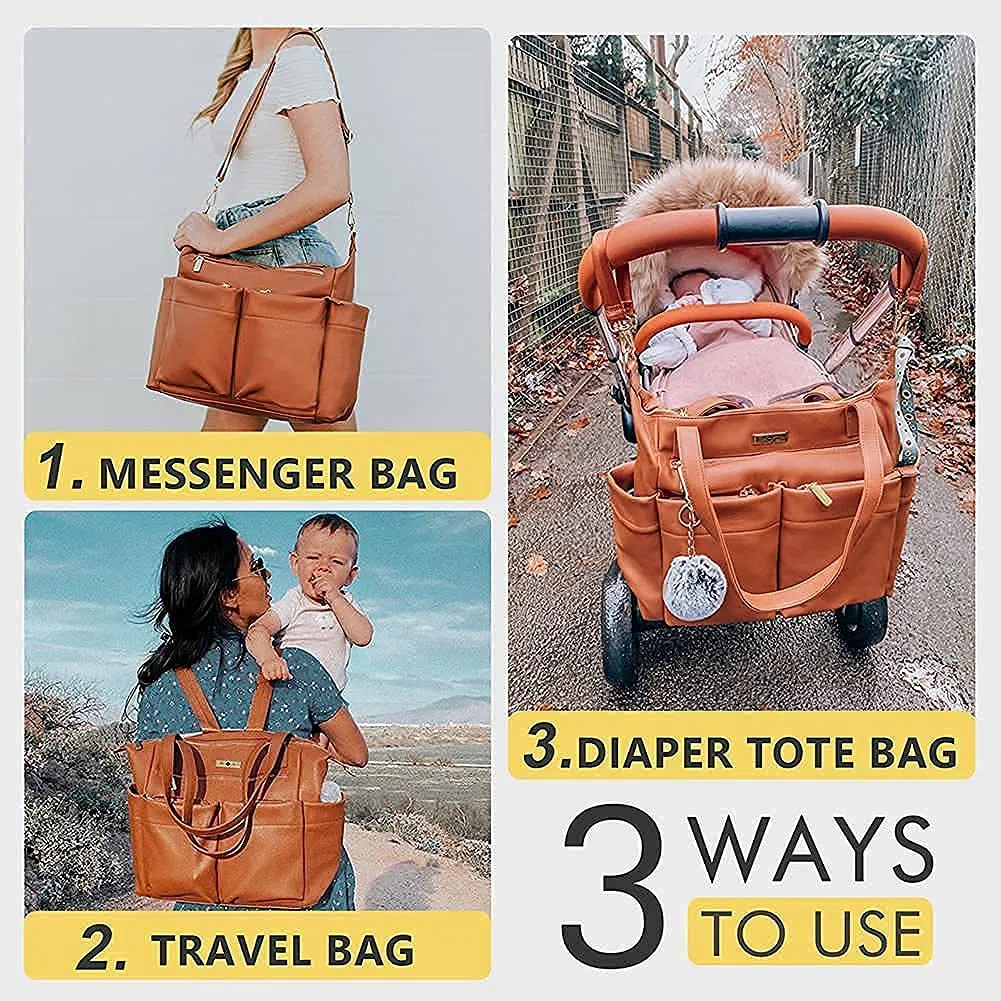 Baby Wickeltasche Miss Fong Wickelrucksack Tote Leder Wickeltaschen mit Wickelunterlage Babytaschen für Mama und Papa, isolierte Taschen, braun