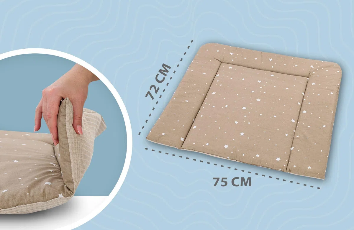 Wickelauflage Wickelunterlage aus Baumwolle 75x72 cm - Weich und waschbar Wickelunterlage für Babys Wickelmatte aus Stoff für Wickeltisch Wickelkommode Waschmaschine Oeko-Tex Beige mit Weiß Sternen