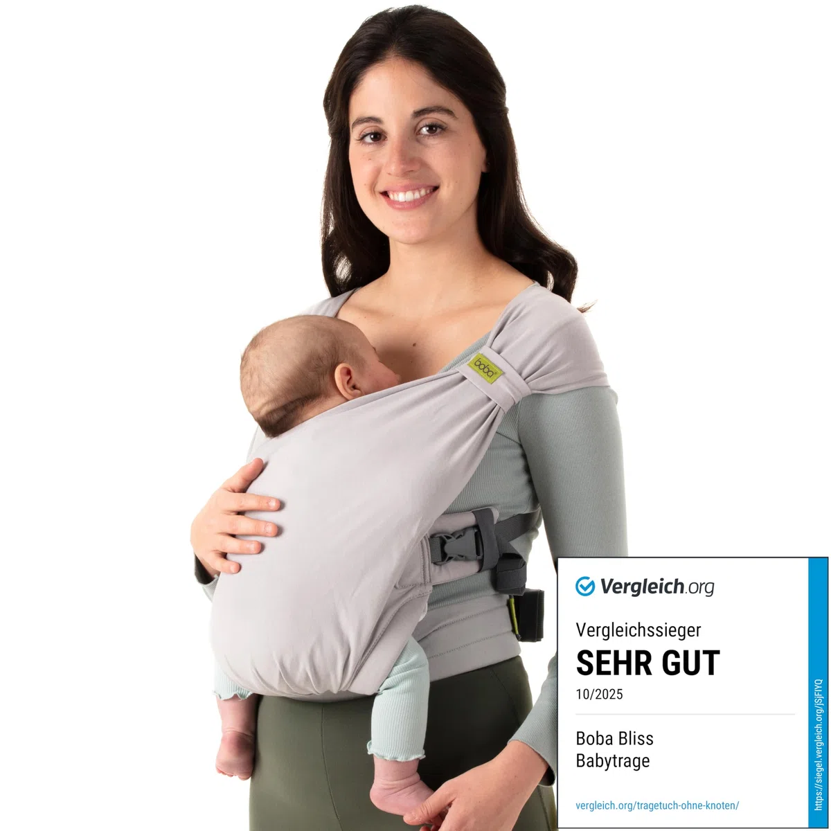 Boba Bliss Babytrage Neugeborene ab Geburt bis 16 kg - 2-in-1 Baby Carrier & Baby Tragetuch Ohne Binden & Knoten, Hüftfreundliche Babytrage ab Geburt, Weiche & elastische Baby Trage (Grau)