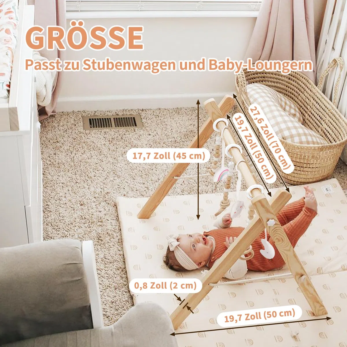 Mallify Spielbogen Baby Holz, Klappbar Spieltrapez mit 6 abnehmbaren Spielzeugen, Baby Gym Holz für Neugeborene