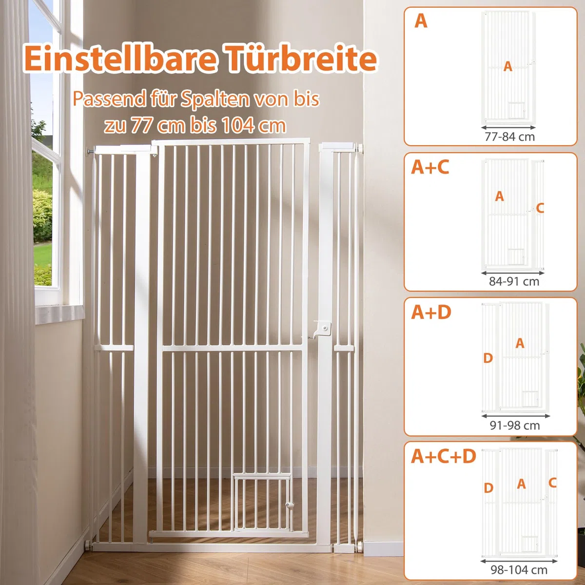 GYMAX extra hohes Haustiergitter, Türgitter Hunde mit Verriegelbarer Katzenklappe, 2 Verlängerungssets für 77-104 cm breite Öffnung, Hundegitter Wohnung ohne Bohren für Hunde, Katzen (150 cm)